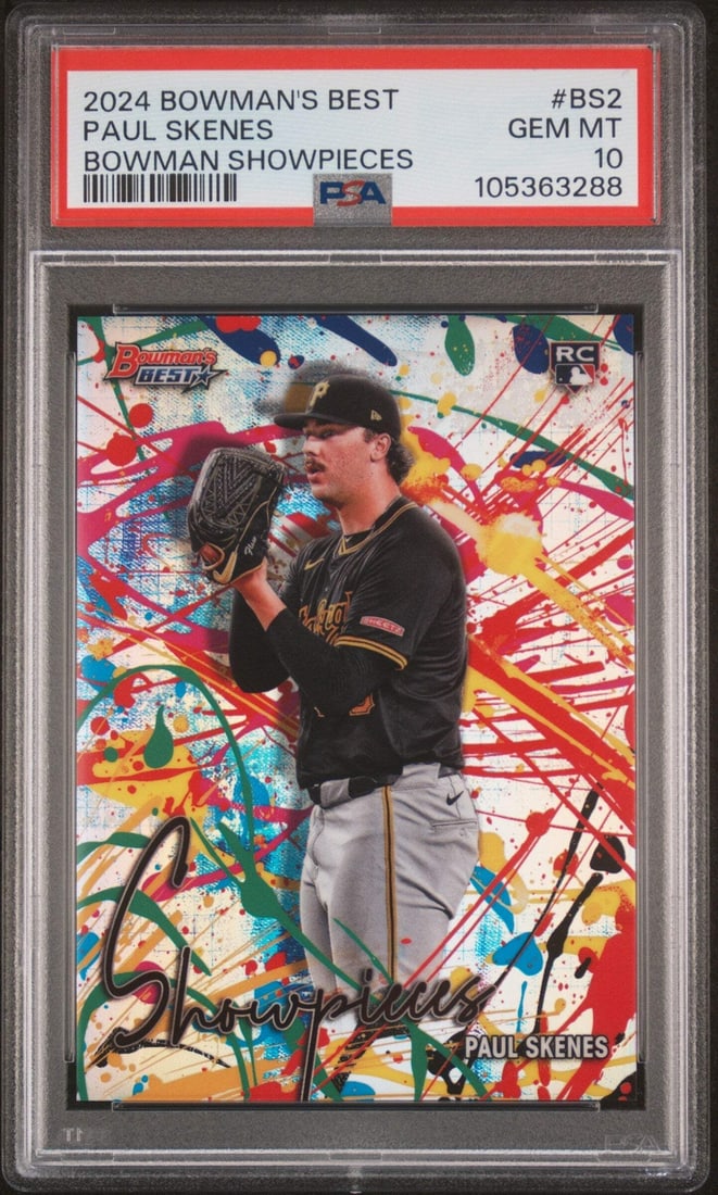Graded 2024 Bowman's Best Paul Skenes PSA 10 RC Baseball Card: Graded 2024 Bowman's Best Paul Skenes PSA 10 RC Baseball Card This is a graded 2024 Bowman's Best Paul Skenes #BS2 Showpieces rookie card, featuring the talented MLB player from the Pittsburgh Pirates
