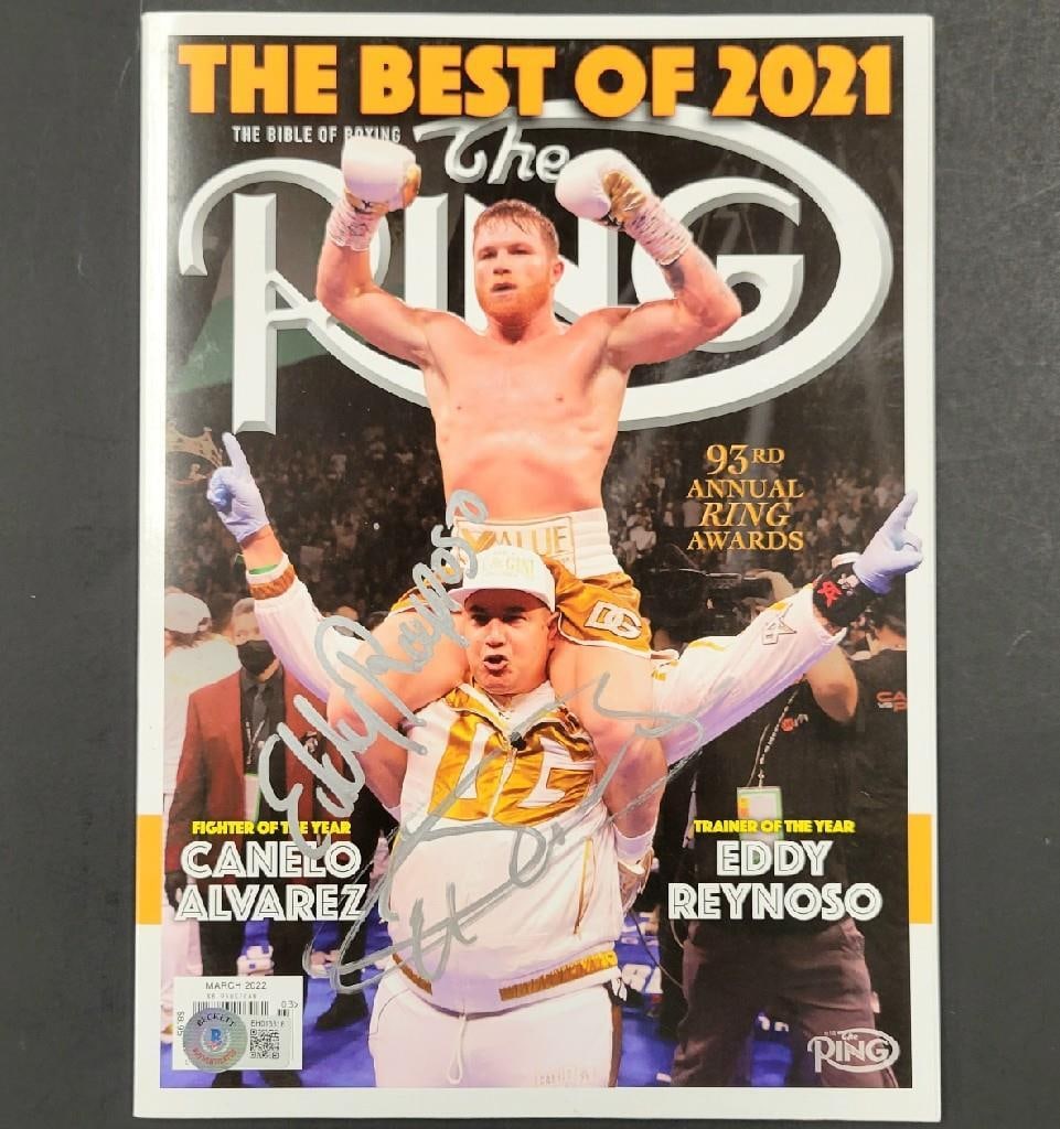 Canelo Alvarez Eddy Reynoso Signed Ring Magazine Beckett Authenticated: Canelo Alvarez Eddy Reynoso Signed Ring Magazine Beckett Authenticated This is an original Ring Magazine signed by renowned boxer Saul 'Canelo' Alvarez and his trainer Eddy Reynoso. The magazine is