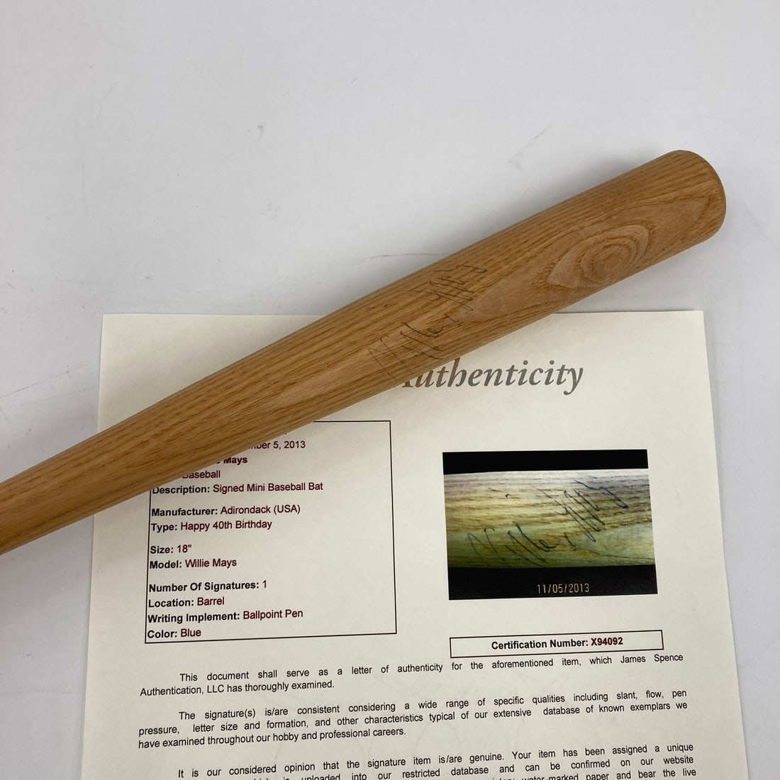 Willie Mays Autographed 1971 Mini Bat JSA Authenticated 40th Birthday Edition (1 of 10)