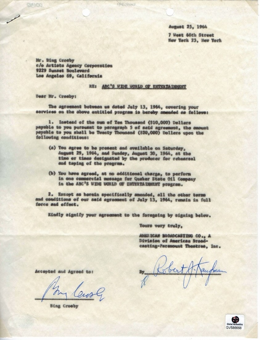 Bing Crosby Authentic Signed Contract with JSA Certification (1 of 3)