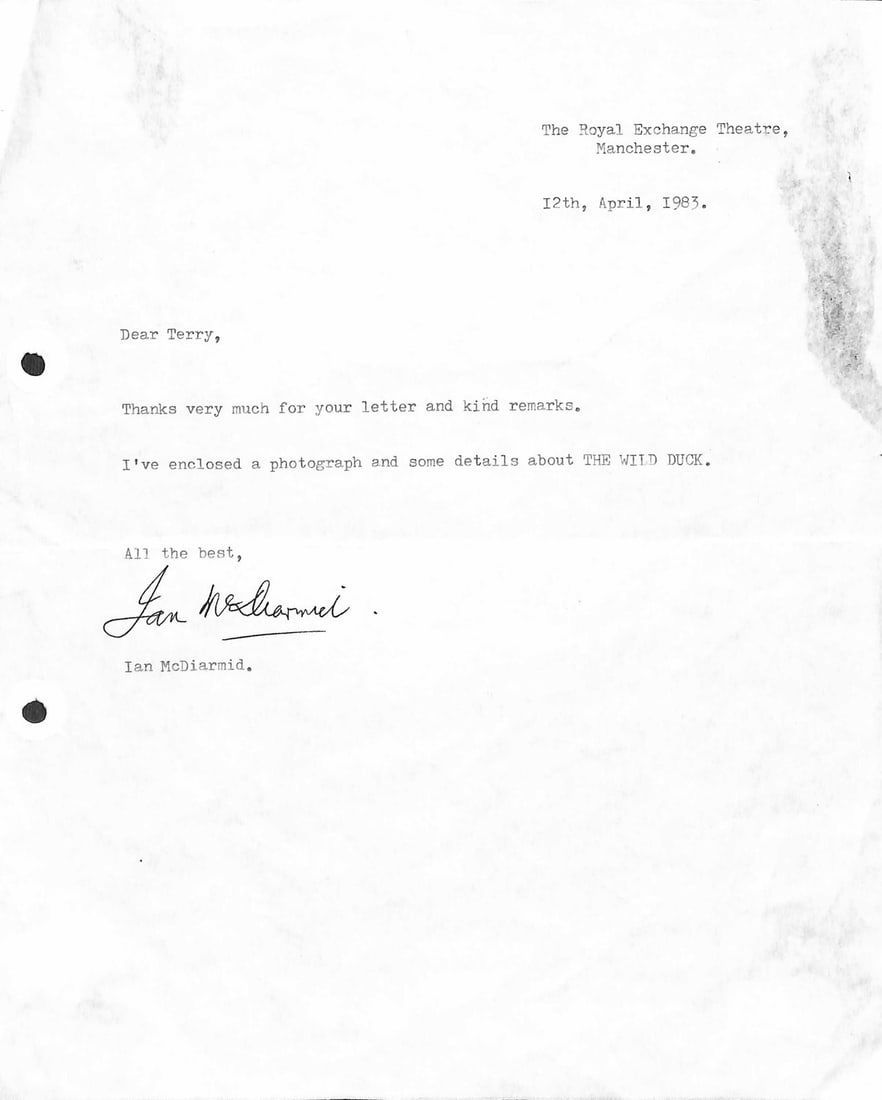 Ian McDiarmid Signed 1983 Letter Beckett Authenticated Star Wars RARE (1 of 1)