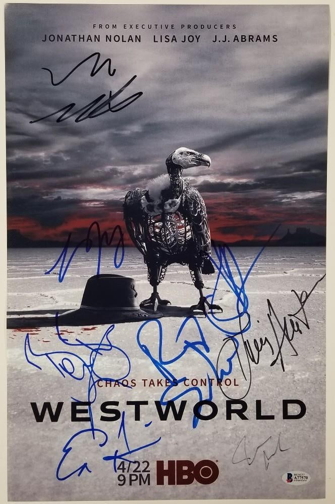 11x17 WESTWORLD Cast Signed Photo with Eight Autographs Beckett COA: 11x17 WESTWORLD Cast Signed Photo with Eight Autographs Beckett COA This original 11x17 photograph from the television series Westworld is signed by eight cast members. The item is authenticated by Be