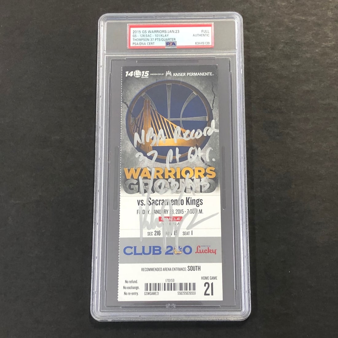 PSA/DNA Authenticated Klay Thompson Autographed Jan 23 2015 Warriors Ticket Slab (1 of 2)