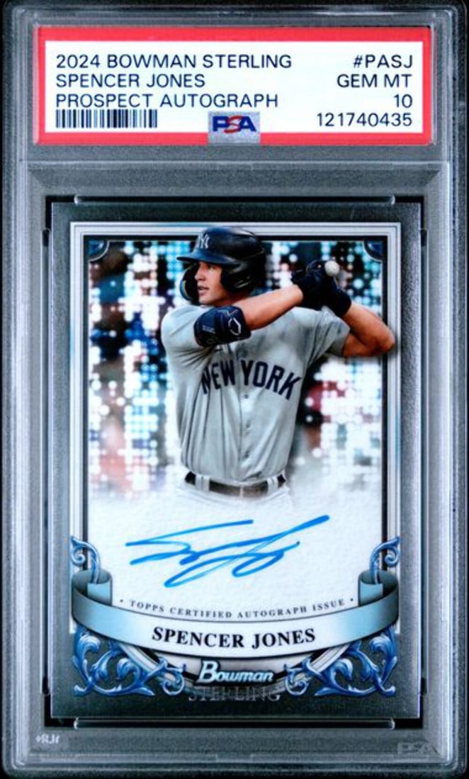 2024 Bowman Sterling Spencer Jones Autographed Rookie Card PSA 10: 2024 Bowman Sterling Spencer Jones Autographed Rookie Card PSA 10 This is a graded 2024 Bowman Sterling Spencer Jones #PASJ Prospect Auto Rookie Card with a perfect PSA 10 rating. The card features th