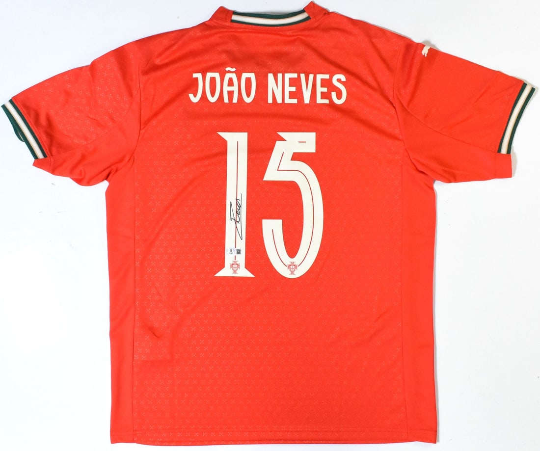 Portugal Home Jersey Signed by Joao Neves Number 15 Beckett Hologram: Portugal Home Jersey Signed by Joao Neves Number 15 Beckett Hologram This Portugal home soccer jersey features the autograph of Joao Neves and displays his number 15. The jersey is an original piece a