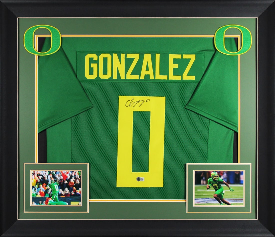 Christian Gonzalez Signed Oregon Ducks Green Framed Jersey BAS Authenticated (1 of 2)