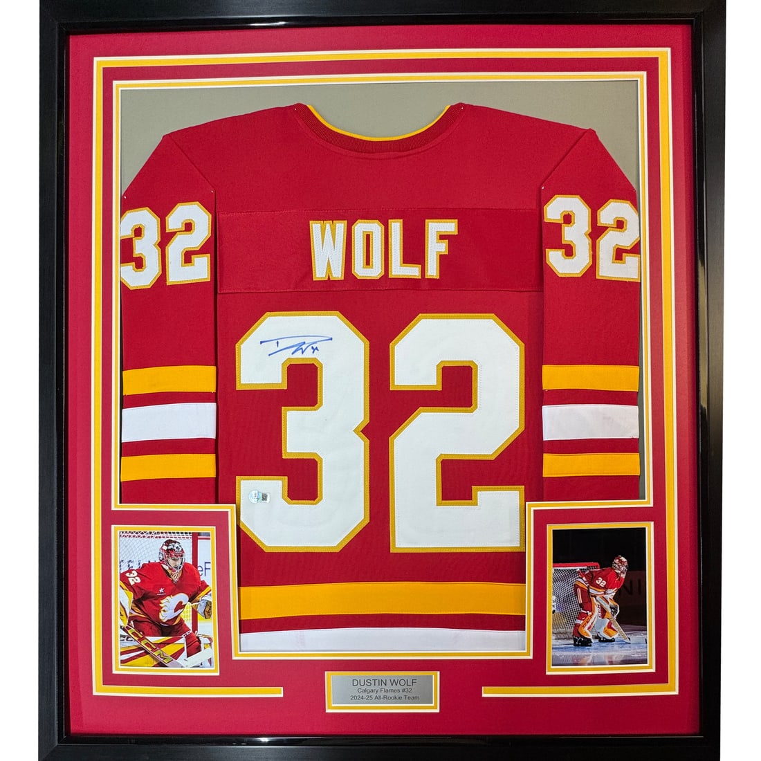 Framed Autographed Dustin Wolf Calgary Flames Jersey JSA Authenticated 35x39 (1 of 2)