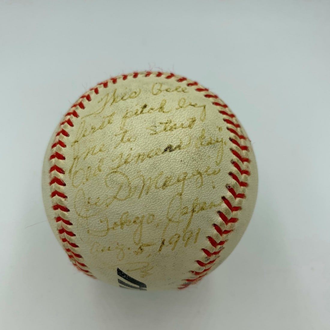Joe DiMaggio Autographed Old Timers Day Japan First Pitch Baseball JSA COA (1 of 5)
