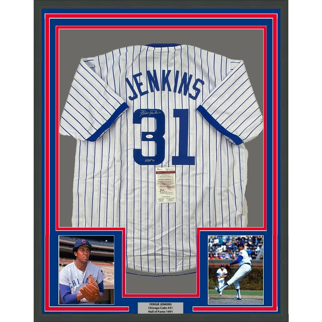 Framed Fergie Jenkins Autographed MLB Pinstripe Jersey with JSA COA (1 of 2)