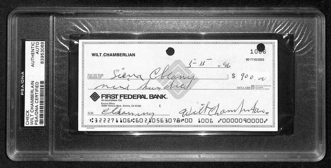 1996 Philadelphia 76ers Wilt Chamberlain Signed Bank Check PSA DNA Authenticated (1 of 2)