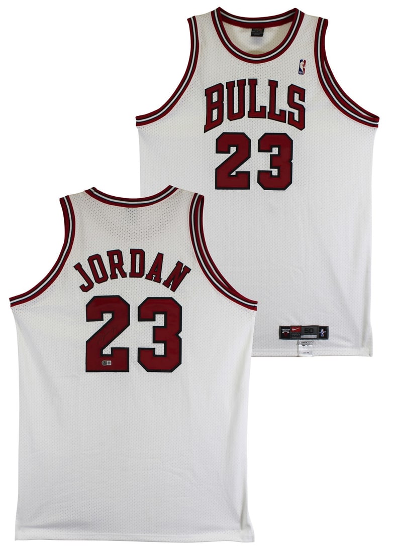 Michael Jordan Signed White Nike Jersey Chicago Bulls BAS LOA: Michael Jordan Signed White Nike Jersey Chicago Bulls BAS LOA This authentic signed white Nike jersey, size 50, features the legendary Michael Jordan of the Chicago Bulls. Personally signed, it showca