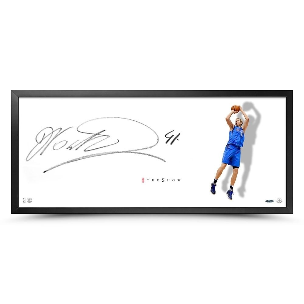 Dirk Nowitzki Autographed 20x46 Framed Photo Mavericks Upper Deck: Dirk Nowitzki Autographed 20x46 Framed Photo Mavericks Upper Deck Celebrate the legacy of Dirk Nowitzki with this stunning 20" x 46" framed photograph, showcasing the legendary player in a moment from