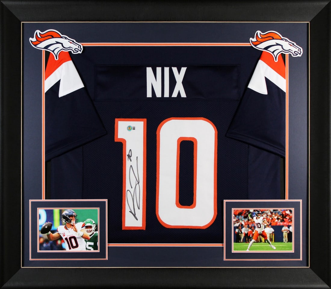 Bo Nix Signed Navy Blue Framed Jersey BAS Witnessed Denver Broncos (1 of 2)