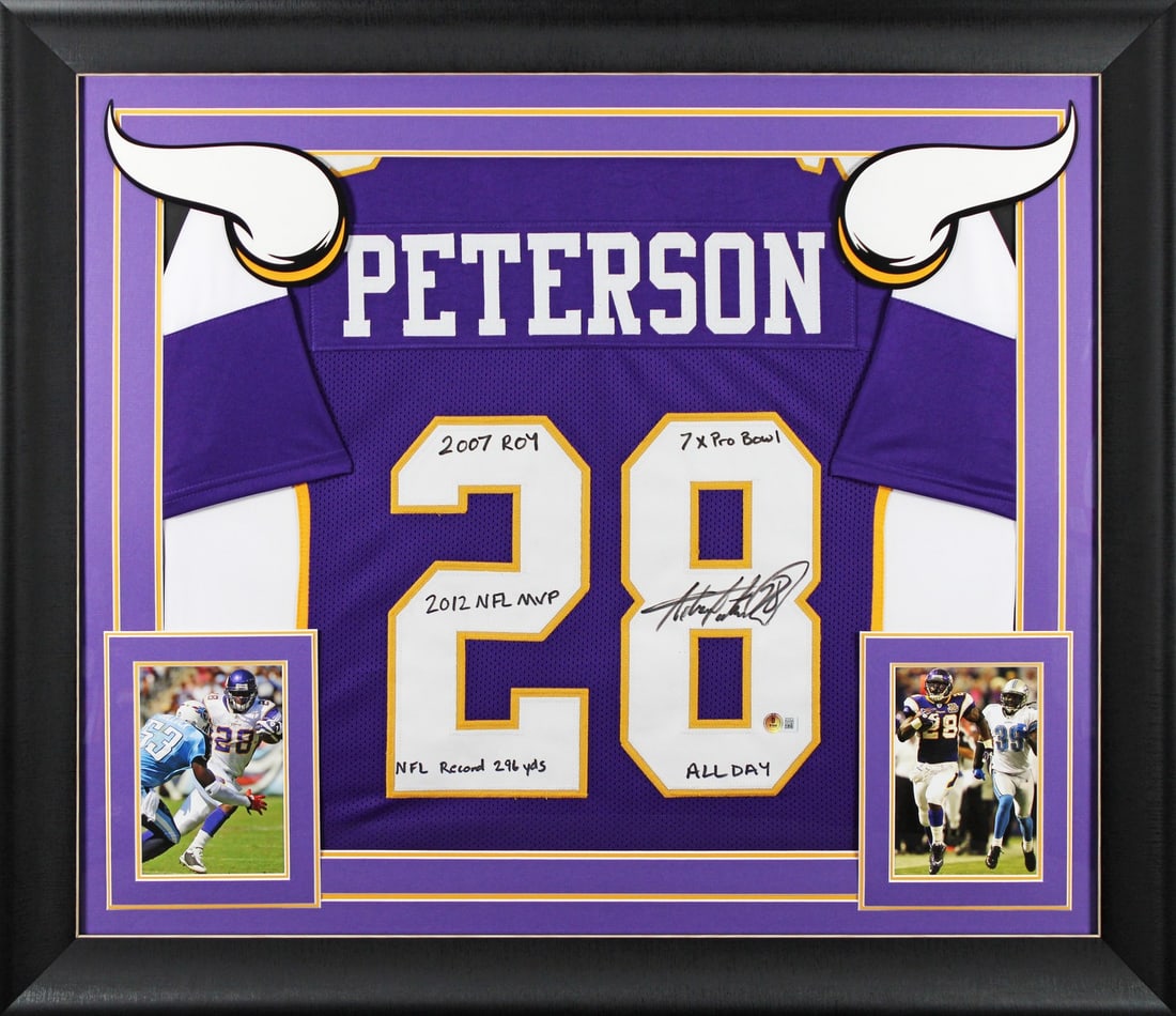 Framed Adrian Peterson Autographed Purple Jersey With Career Achievements BAS Witnessed (1 of 2)