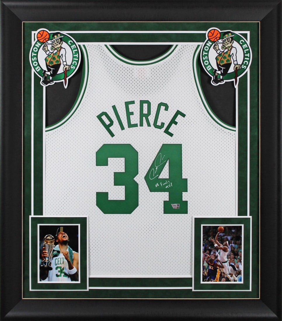 Paul Pierce Signed Celtics Jersey 08 Finals MVP Framed Authentic: Paul Pierce Signed Celtics Jersey 08 Finals MVP Framed Authentic Celebrate the legacy of Paul Pierce with this authentic signed white Mitchell & Ness Hardwood Classics Swingman jersey. This X-Large je
