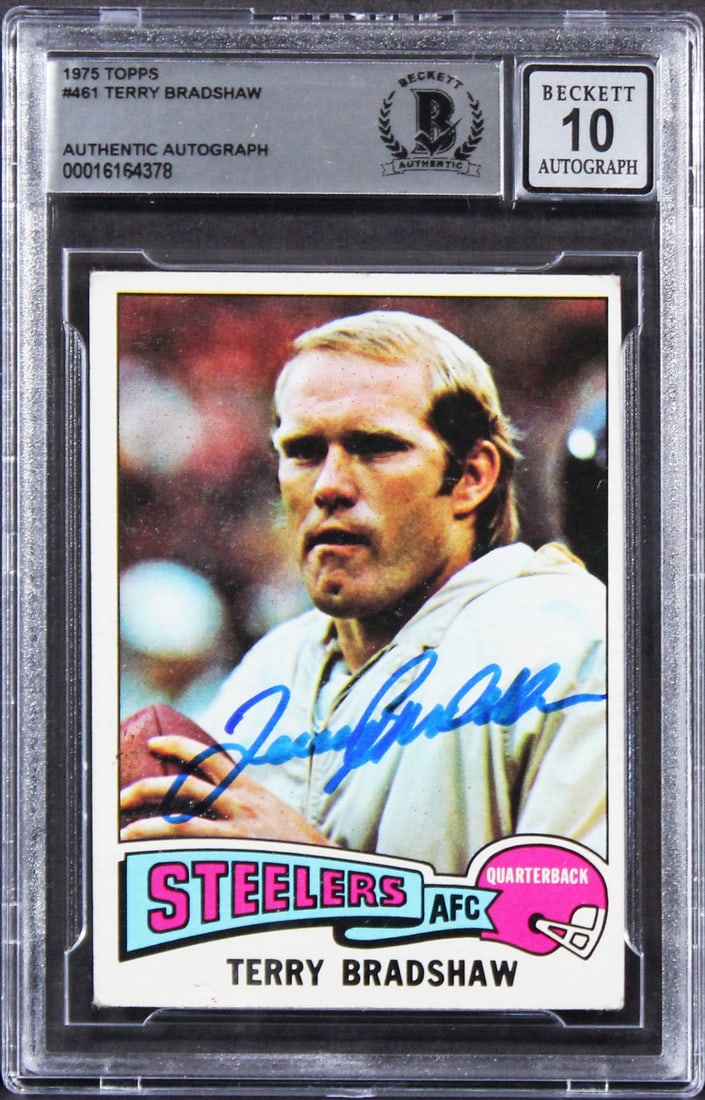 Terry Bradshaw Signed 1975 Topps #461 Card Gem Mint 10 Beckett Authenticated: Terry Bradshaw Signed 1975 Topps #461 Card Gem Mint 10 Beckett Authenticated This autographed 1975 Topps #461 card features Hall of Famer Terry Bradshaw, the legendary quarterback of the Pittsburgh