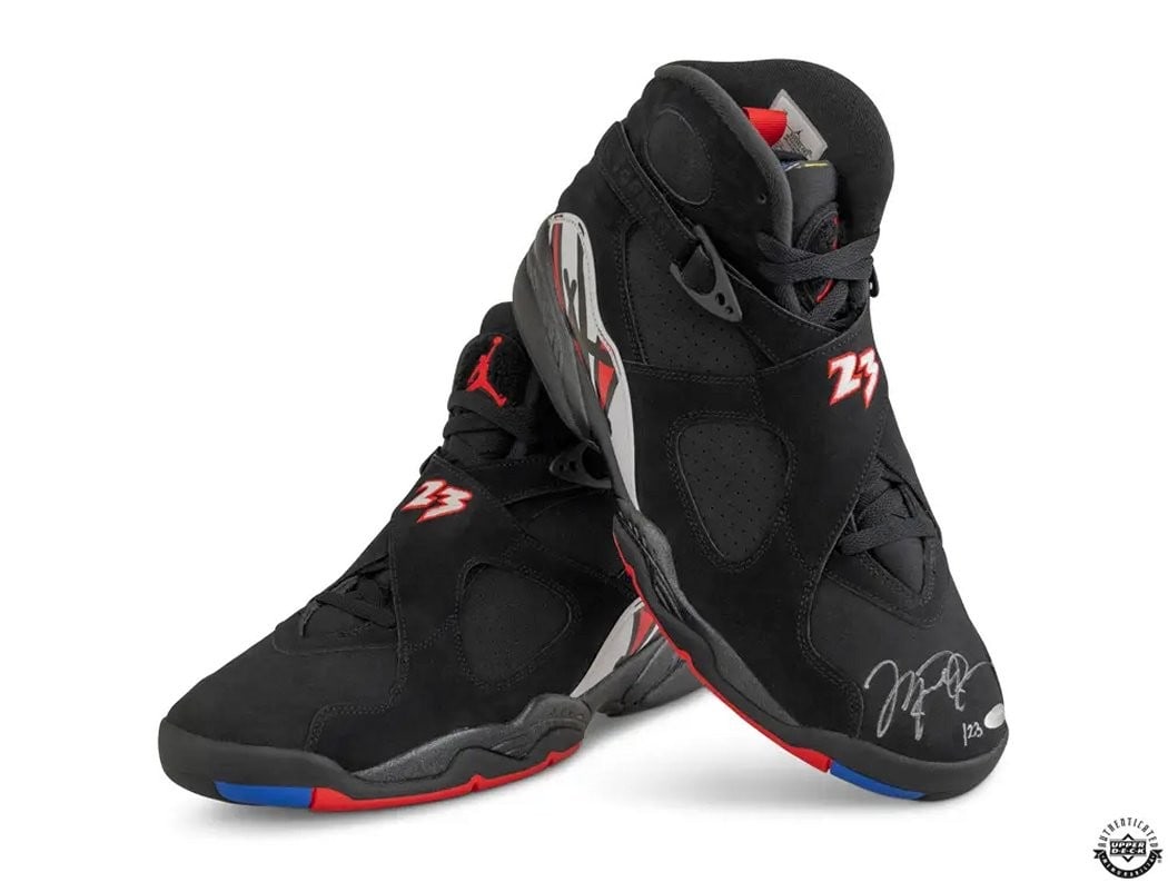 Michael Jordan Autographed Nike Air Jordan 8 Playoffs Limited Edition 23: Michael Jordan Autographed Nike Air Jordan 8 Playoffs Limited Edition 23 Step onto the court with these Michael Jordan signed Nike Air Jordan 8 Retro Playoffs shoes, a true collector's item. Released