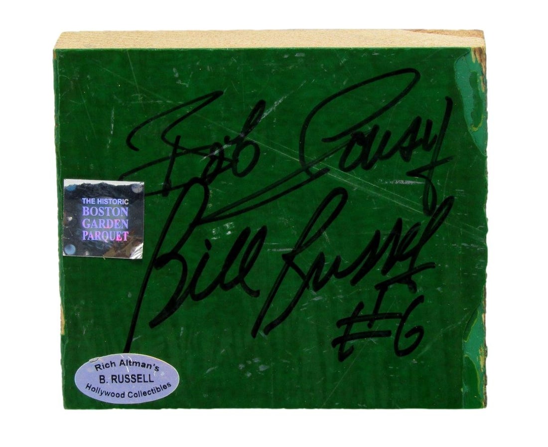 Bob Cousy Bill Russell Dual-Signed Boston Celtics Parquet Floor 4x4 PSA/DNA (1 of 6)