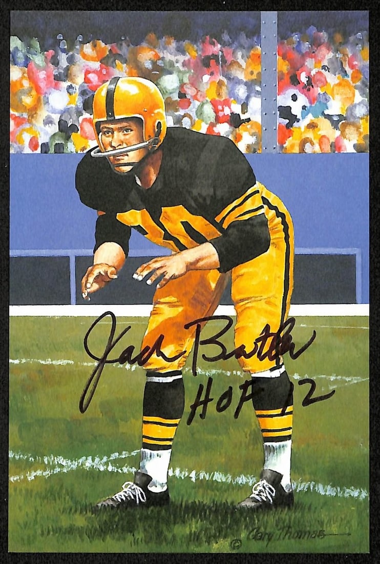 Jack Butler Autographed Goal Line Art Gold Seal Card 35 of 100 PSA HOF 12: Jack Butler Autographed Goal Line Art Gold Seal Card 35 of 100 PSA HOF 12 This is a rare original Goal Line Art "Gold Seal" postcard featuring Hall of Fame football player Jack Butler of the Pittsburg