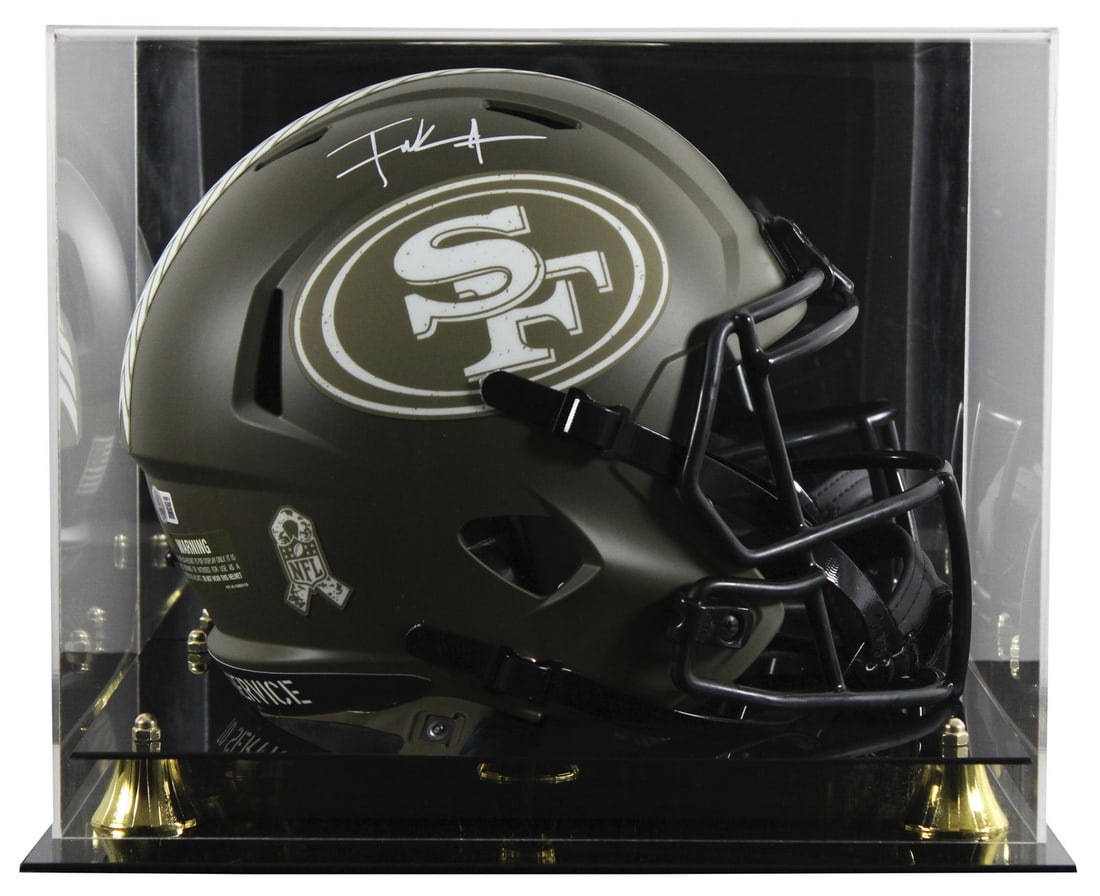 Frank Gore Autographed 49ers Salute to Service Helmet With Display Case BAS: Frank Gore Autographed 49ers Salute to Service Helmet With Display Case BAS This full-size Riddell Speed Replica alternate Salute To Service helmet features a hand-signed autograph by Frank Gore of