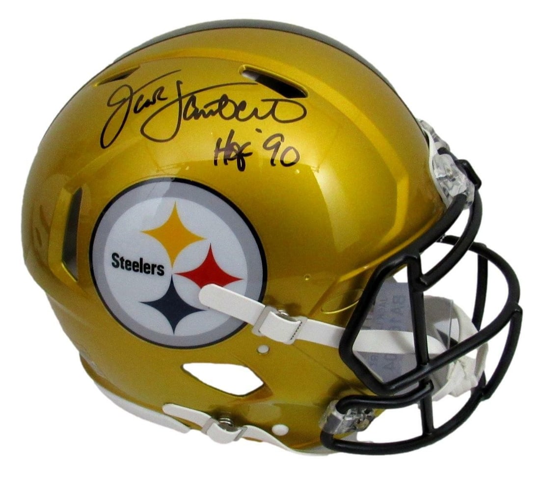 Jack Lambert HOF Signed Steelers Flash Helmet JSA Authenticated: Jack Lambert HOF Signed Steelers Flash Helmet JSA Authenticated Offered is an authentic full-size flash helmet from the Pittsburgh Steelers, signed by Hall of Famer Jack Lambert. This helmet features 