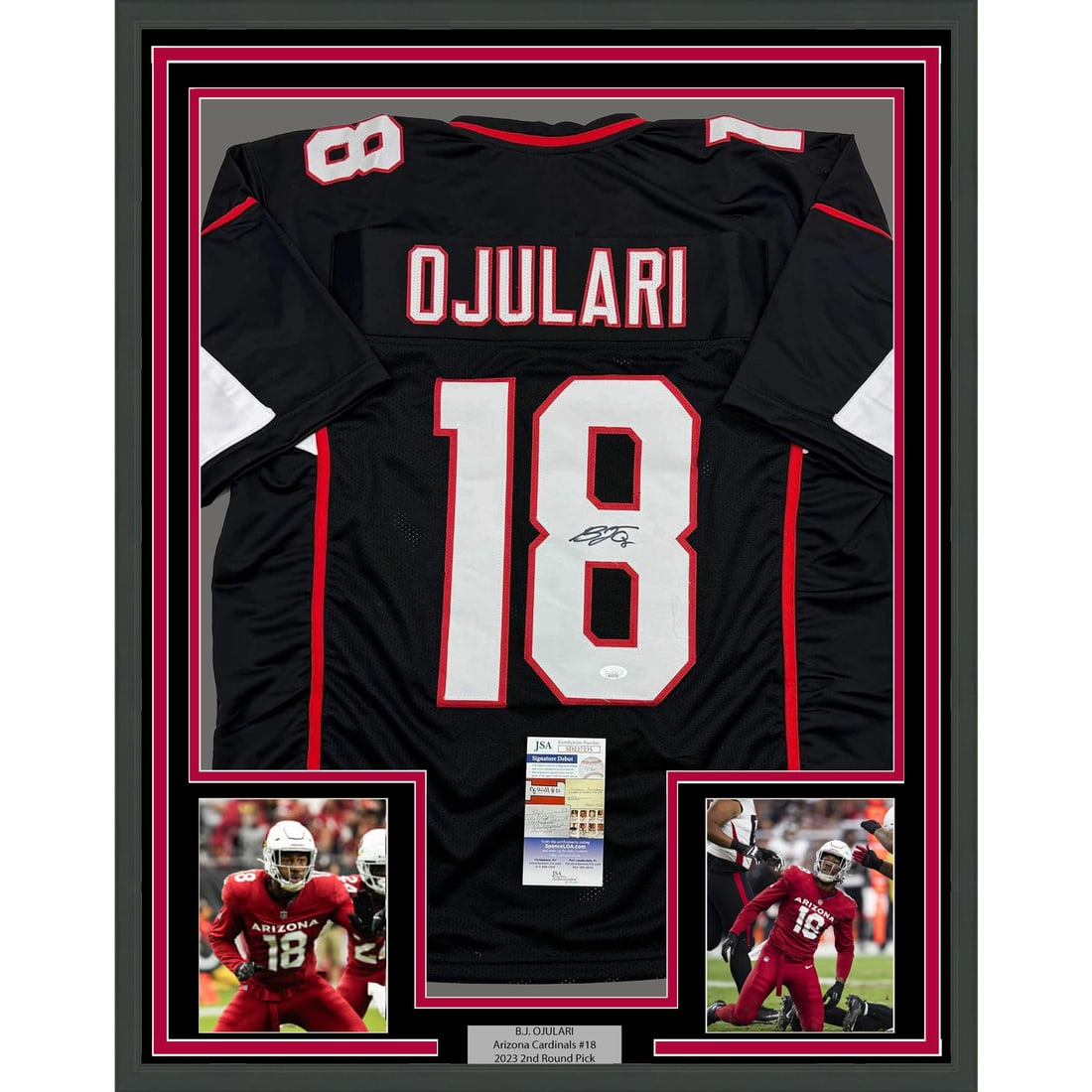 Framed B.J. Ojulari Autographed Jersey Arizona Cardinals JSA COA 35x39: Framed B.J. Ojulari Autographed Jersey Arizona Cardinals JSA COA 35x39 This professionally framed and matted display features an authentic, autographed black jersey of NFL player B.J. Ojulari, represe