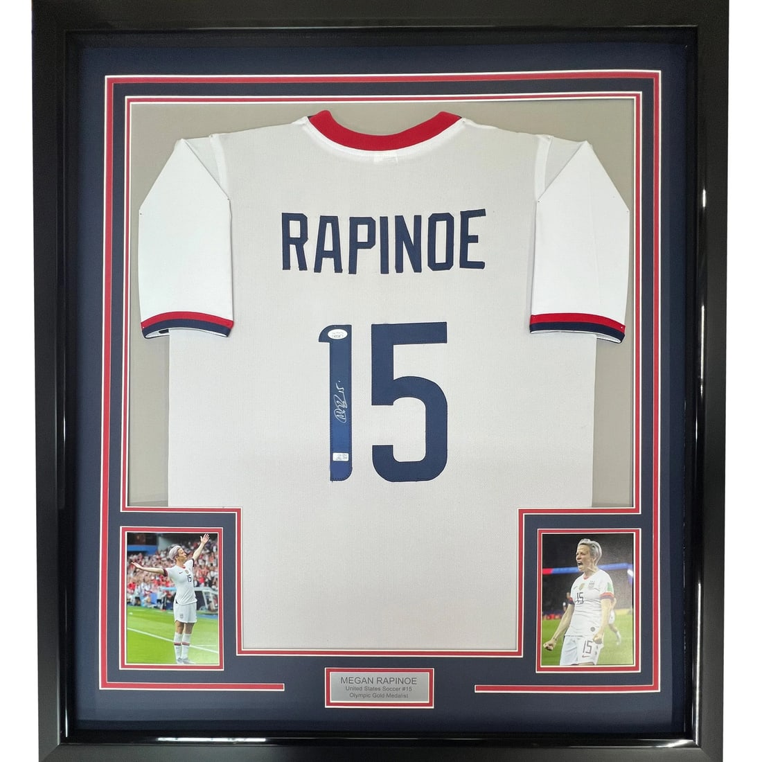 Framed Autographed Megan Rapinoe Team USA Jersey with JSA COA 33x42: Framed Autographed Megan Rapinoe Team USA Jersey with JSA COA 33x42 Celebrate the legacy of Megan Rapinoe with this framed autographed Team USA jersey. This authentic white jersey features Rapinoe's s
