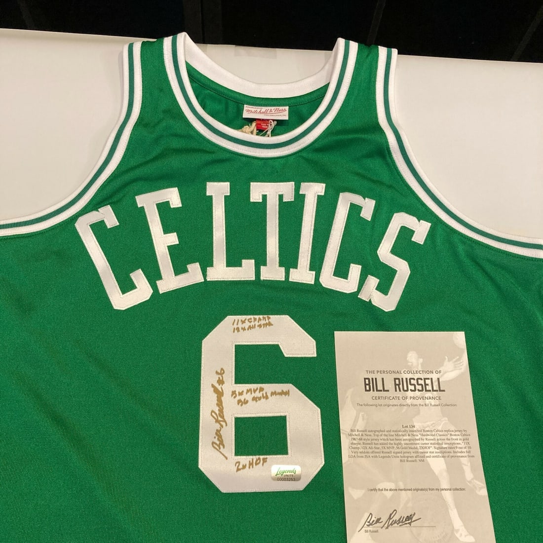 Bill Russell Signed Boston Celtics Jersey with Career Stats JSA COA: Bill Russell Signed Boston Celtics Jersey with Career Stats JSA COA Celebrate the legacy of Bill Russell with this authentic Boston Celtics jersey, beautifully autographed and inscribed with his