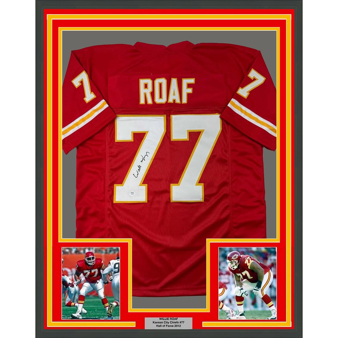 Framed Willie Roaf Autographed Jersey Kansas City Chiefs Beckett COA: Framed Willie Roaf Autographed Jersey Kansas City Chiefs Beckett COA Celebrate the legendary career of Willie Roaf with this professionally framed and autographed Kansas City Chiefs red jersey. This s