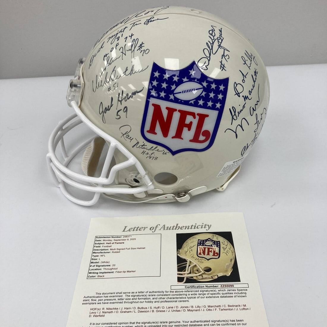 Johnny Unitas Joe Namath Len Dawson Signed NFL Helmet JSA COA (1 of 17)