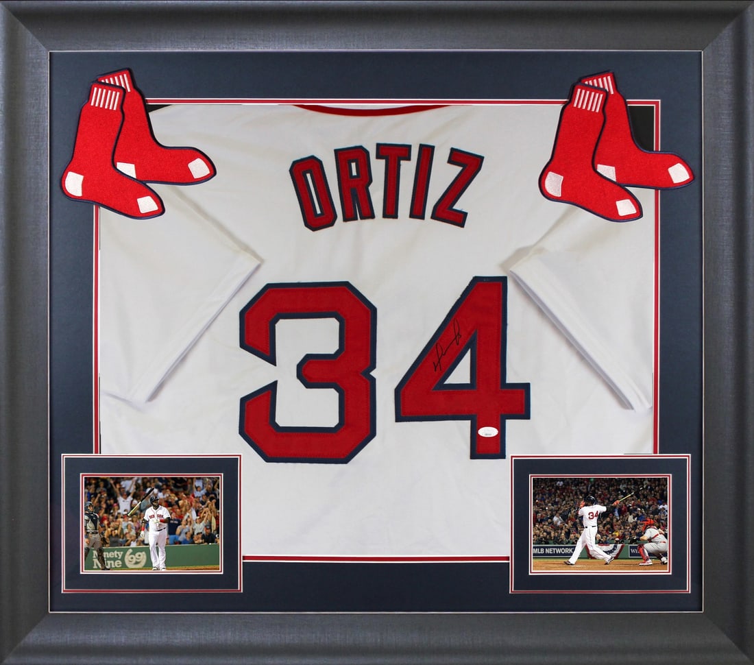 Framed David Ortiz Signed White Jersey JSA Authenticated Boston Red Sox: Framed David Ortiz Signed White Jersey JSA Authenticated Boston Red Sox This pre-owned, professionally framed white pro style jersey has been personally signed by David Ortiz of the Boston Red Sox. Th