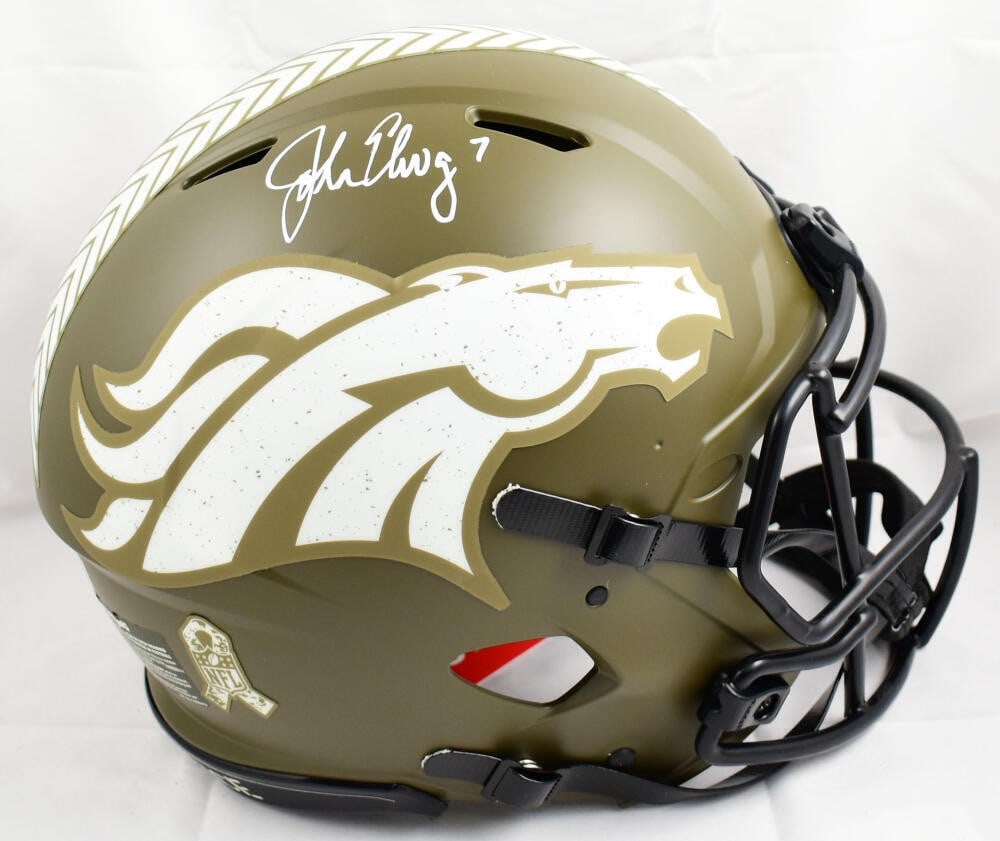 John Elway Signed Denver Broncos Helmet Beckett Authenticated: John Elway Signed Denver Broncos Helmet Beckett Authenticated This authentic Denver Broncos helmet pays tribute to the Salute to Service campaign and features the signature of legendary quarterback Jo