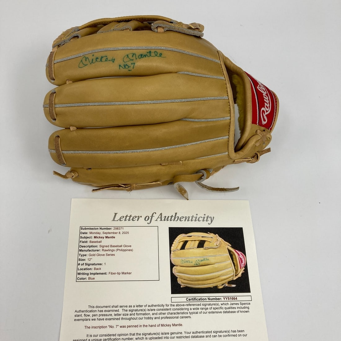 Mickey Mantle No. 7 Signed Rawlings Gold Glove with JSA COA (1 of 12)