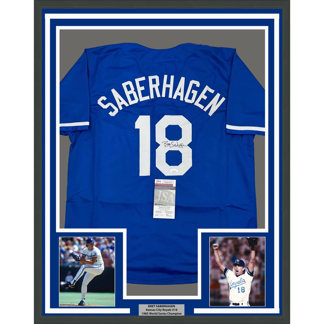 Framed Autographed Bret Saberhagen Jersey KC Royals JSA COA 35x39: Framed Autographed Bret Saberhagen Jersey KC Royals JSA COA 35x39 Celebrate your love for baseball with this stunning framed and autographed Bret Saberhagen jersey. This original item features a dark