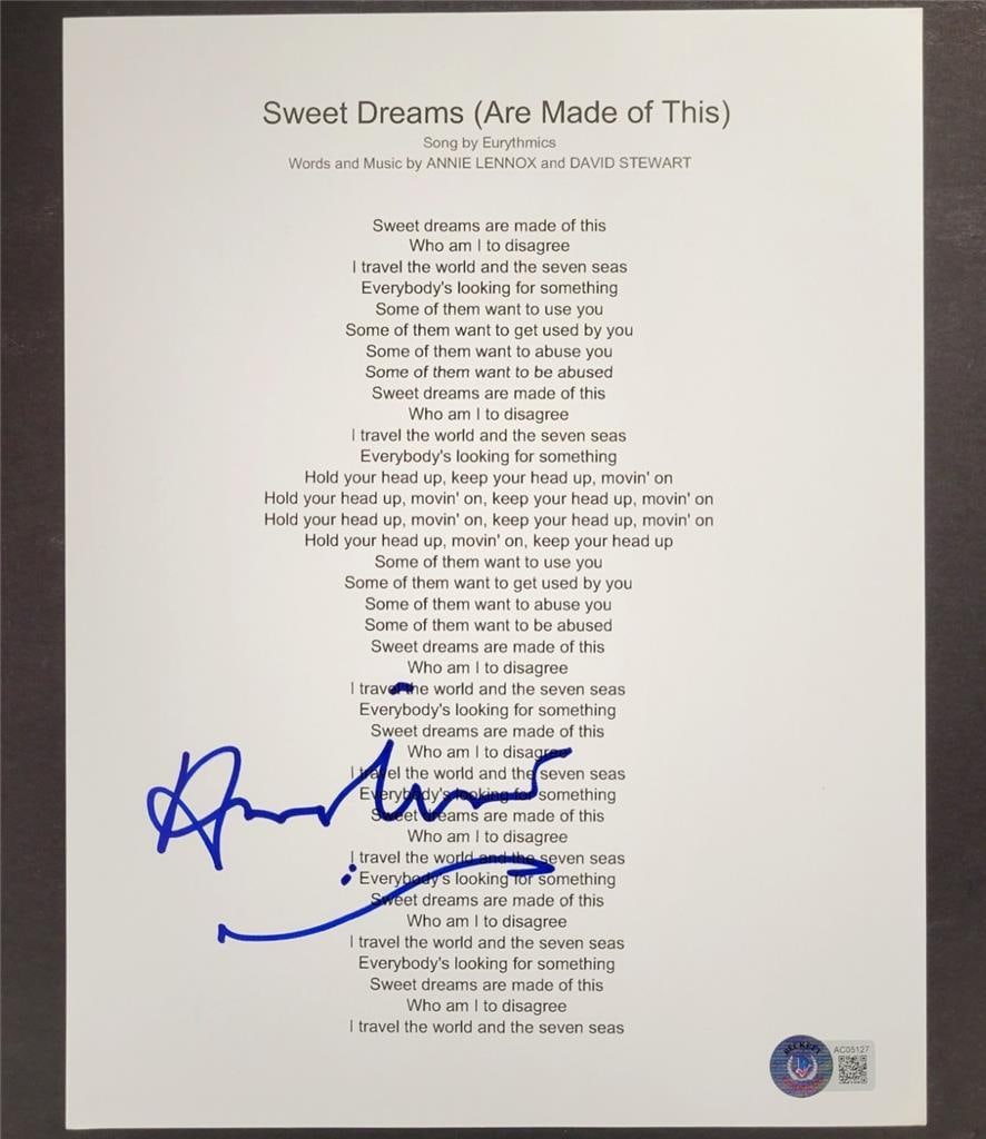 Eurythmics Sweet Dreams Lyric Sheet 8.5x11 Signed by Annie Lennox Beckett Authenticated (1 of 3)
