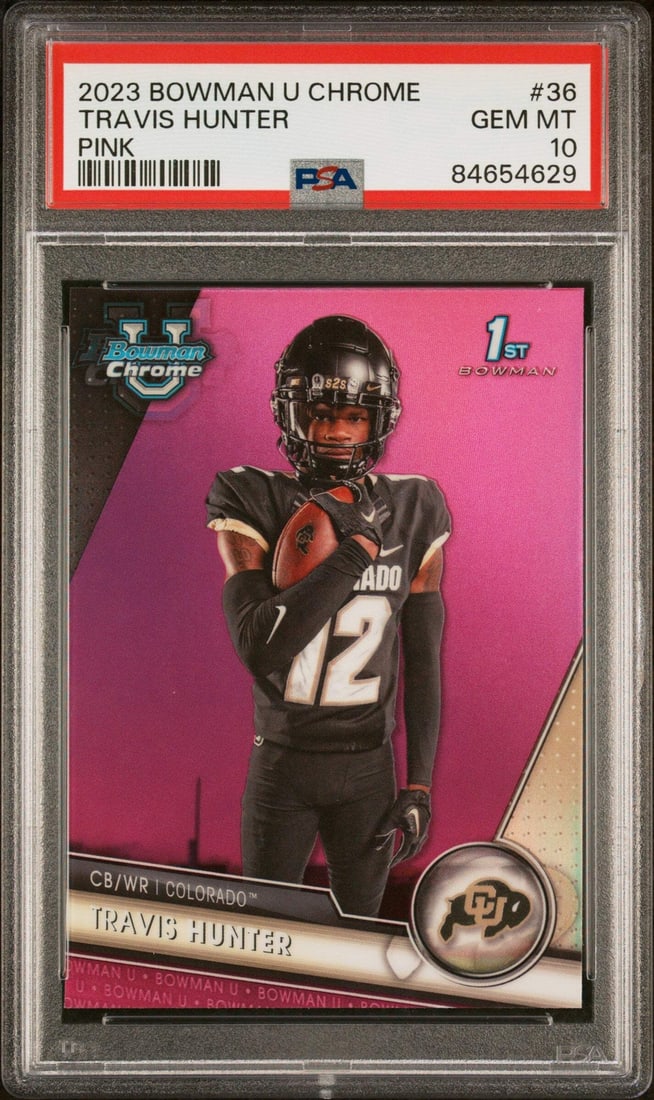 2023 Topps Bowman U Chrome Travis Hunter Pink RC PSA 10 Football Card (1 of 2)