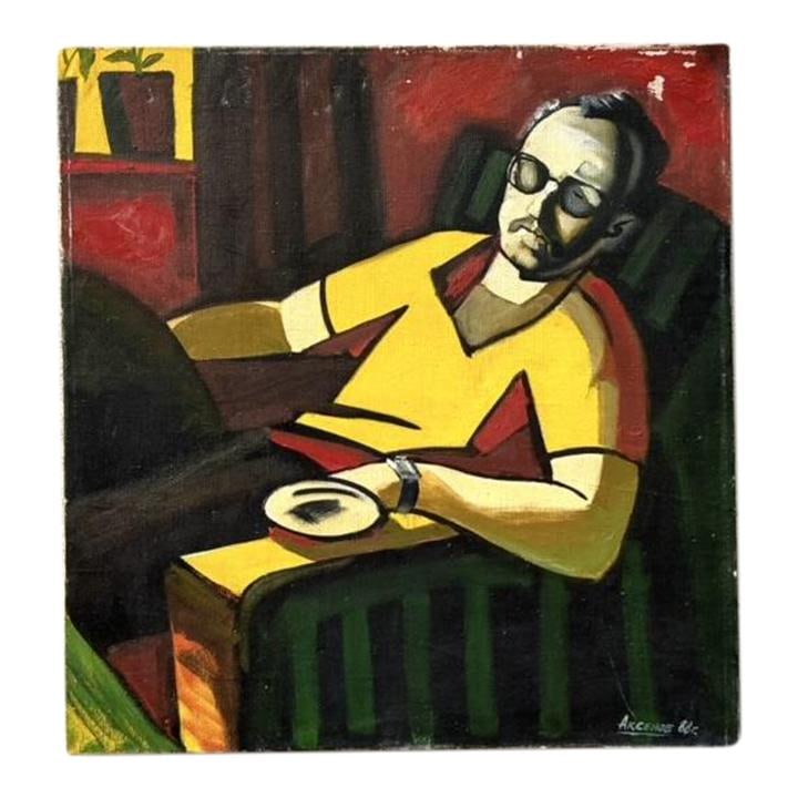 Vintage Boho Abstract Figural Oil Painting Canvas 23.25 x 24.5: Vintage Boho Abstract Figural Oil Painting Canvas 23.25 x 24.5 This vintage Boho abstract figural oil painting on canvas showcases a striking representation of a seated man, characterized by bold geom