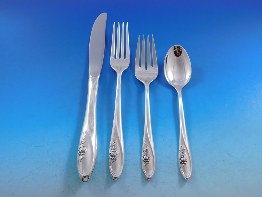 Towle Sculptured Rose Sterling Silver Flatware Set 24 Pieces with Caddy: Towle Sculptured Rose Sterling Silver Flatware Set 24 Pieces with Caddy Enhance your dining experience with this exquisite Sculptured Rose flatware set by Towle. Crafted from high-quality sterling sil