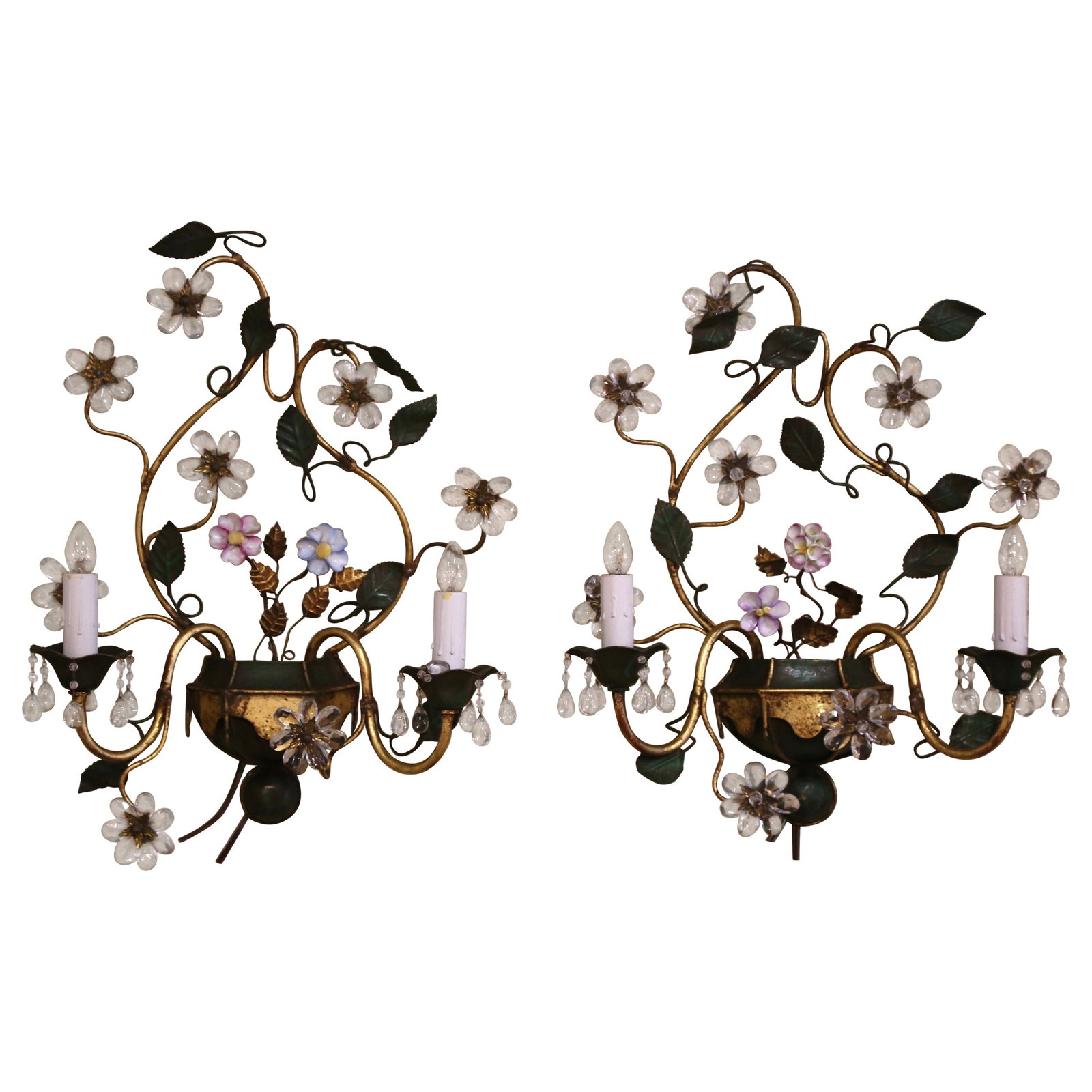 Set of 2 French Crystal Metal Floral Two-Light Vintage Wall Sconces (1 of 13)