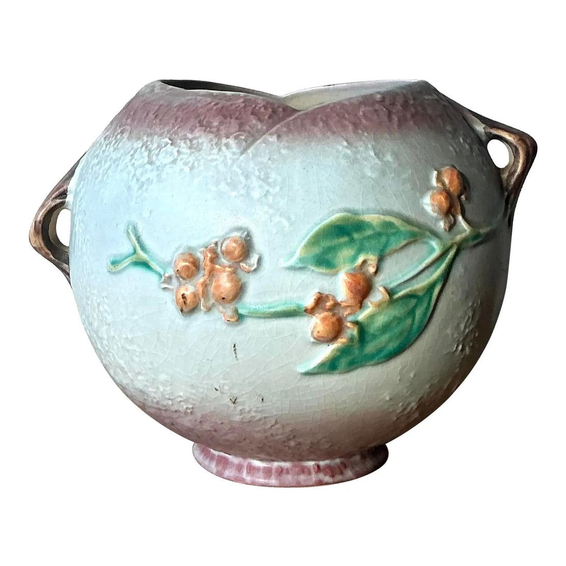 Bittersweet Line Art Pottery Bowl with Handles and Floral Design: Bittersweet Line Art Pottery Bowl with Handles and Floral Design This vintage Roseville "Bittersweet" vase embodies classic American art pottery from the mid-20th century. The piece showcases a hand-p