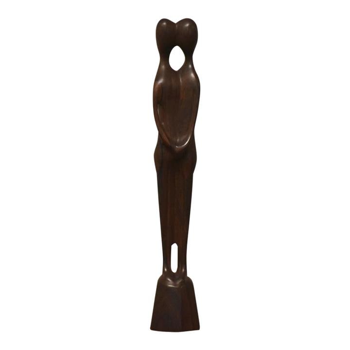Mid Century Modern Rosewood Embracing Couple Sculpture 19 inches Tall: Mid Century Modern Rosewood Embracing Couple Sculpture 19 inches Tall This exquisite mid-century modern sculpture is crafted from Brazilian rosewood, depicting an embracing couple with soft, flowing c