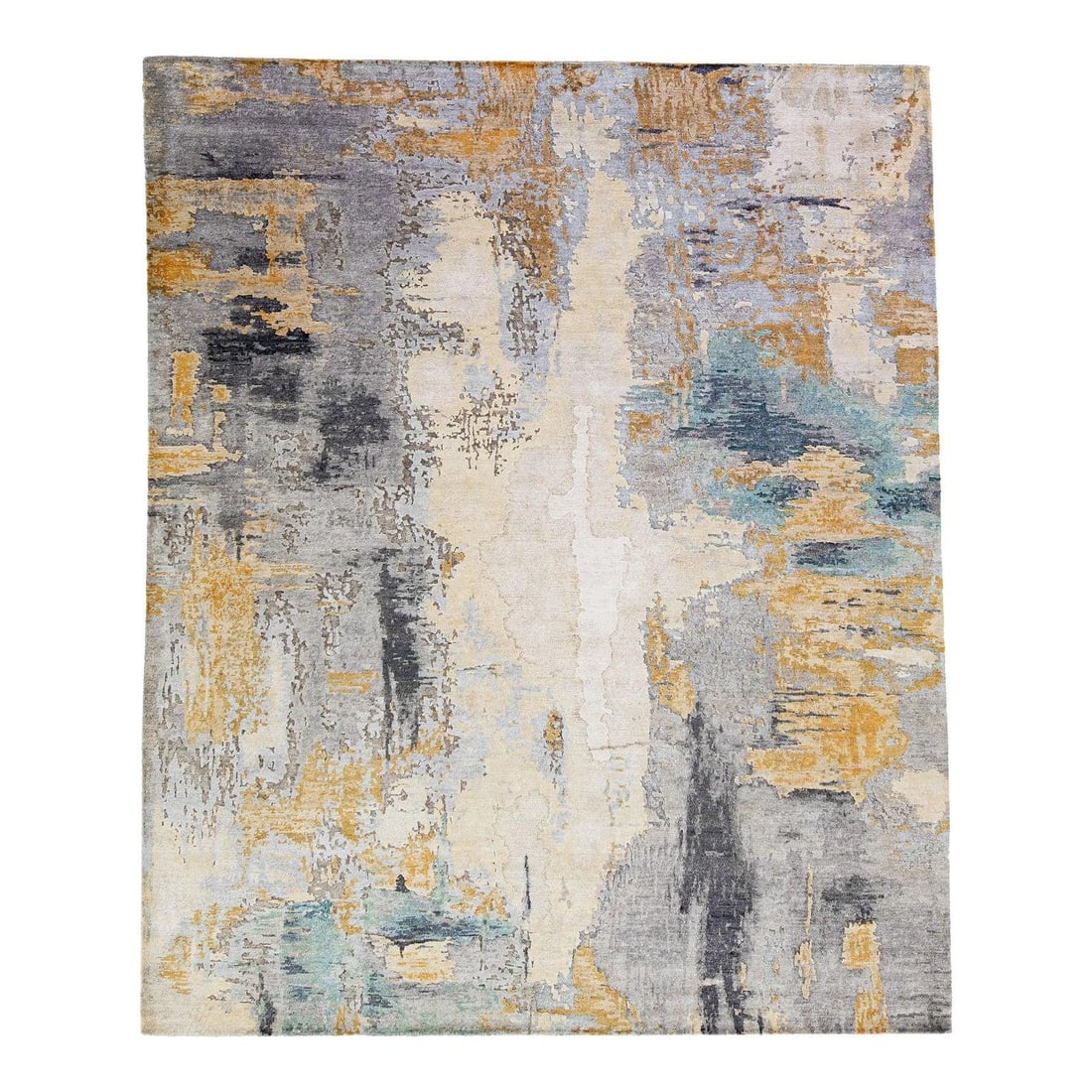 Handmade Gray Gold Abstract Wool Silk Rug 8' x 10': Handmade Gray Gold Abstract Wool Silk Rug 8' x 10' Elevate your living space with this stunning 2010s Modern Handmade Gray & Gold Abstract Wool & Silk Rug. Featuring a captivating contemporary design,