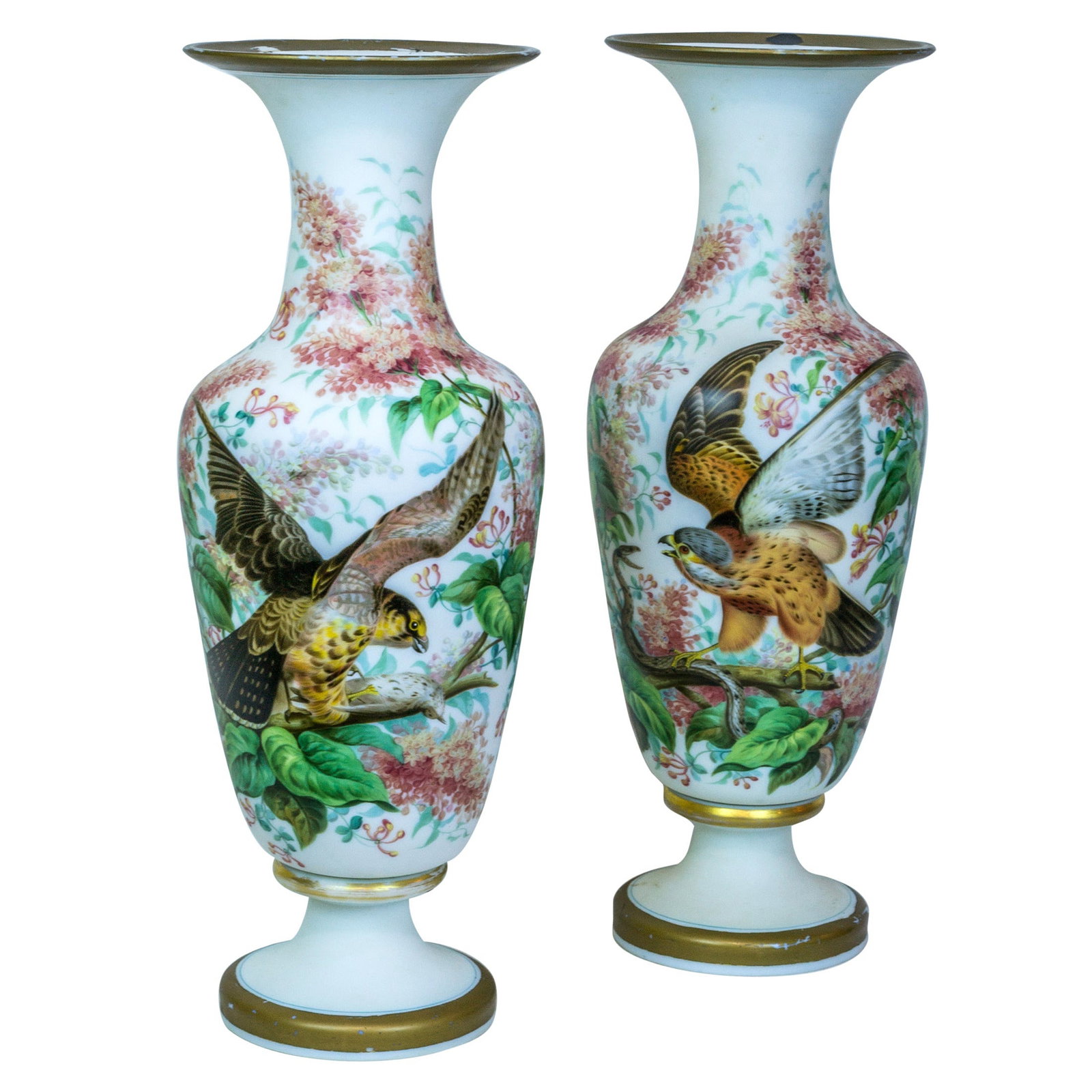 Pair of 19th Century French Opaline Glass Vases with Birds and Floral Motif: Pair of 19th Century French Opaline Glass Vases with Birds and Floral Motif This is a large pair of 19th-century French opaline glass vases, each featuring hand-painted and gilt decorations with bird