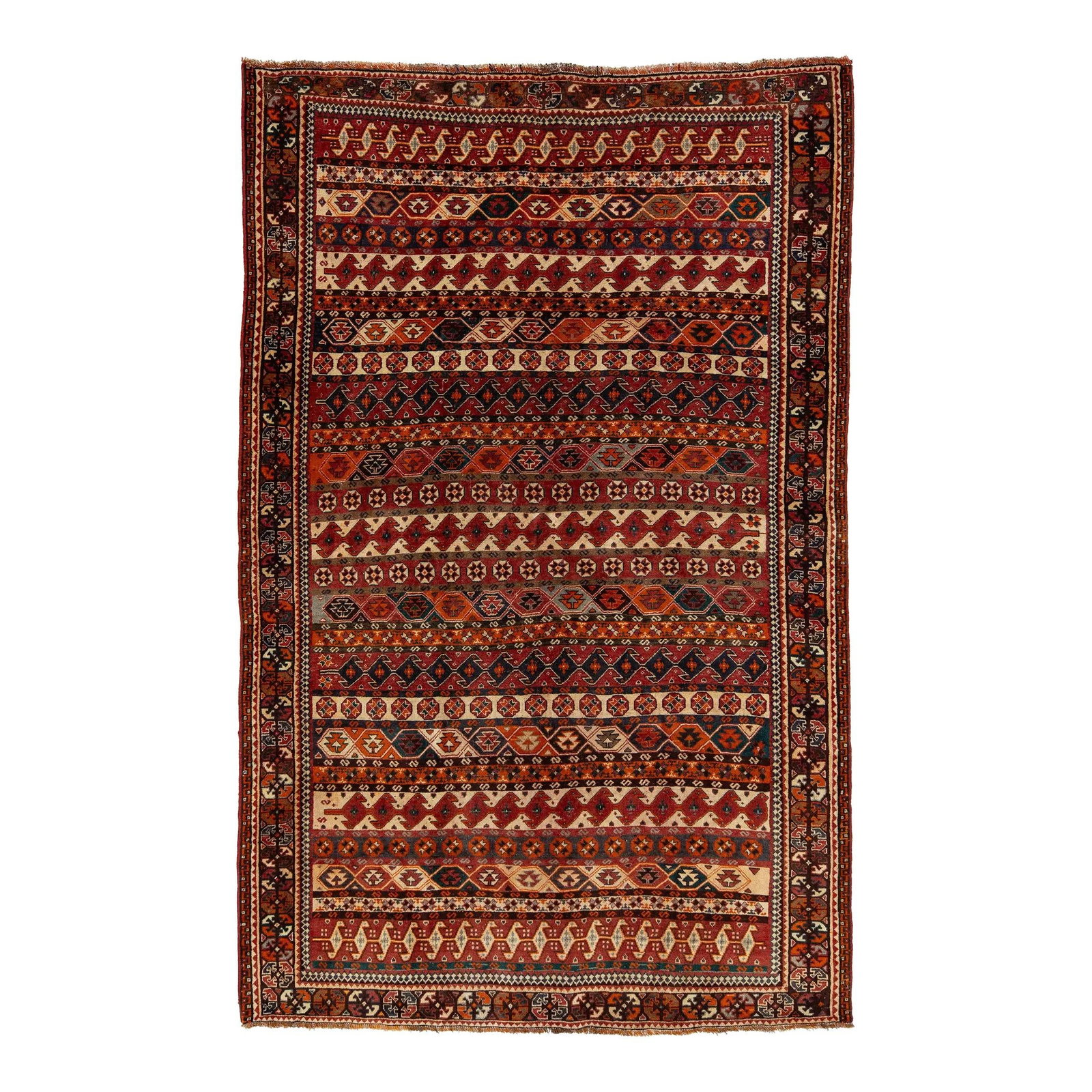 Vintage Persian Shiraz Hand-Knotted Wool Rug 5'4 x 8'4 Red Geometric Design: Vintage Persian Shiraz Hand-Knotted Wool Rug 5'4 x 8'4 Red Geometric Design Enhance your living space with this exquisite Vintage Persian Shiraz hand-knotted wool rug. Featuring a vibrant red field ad