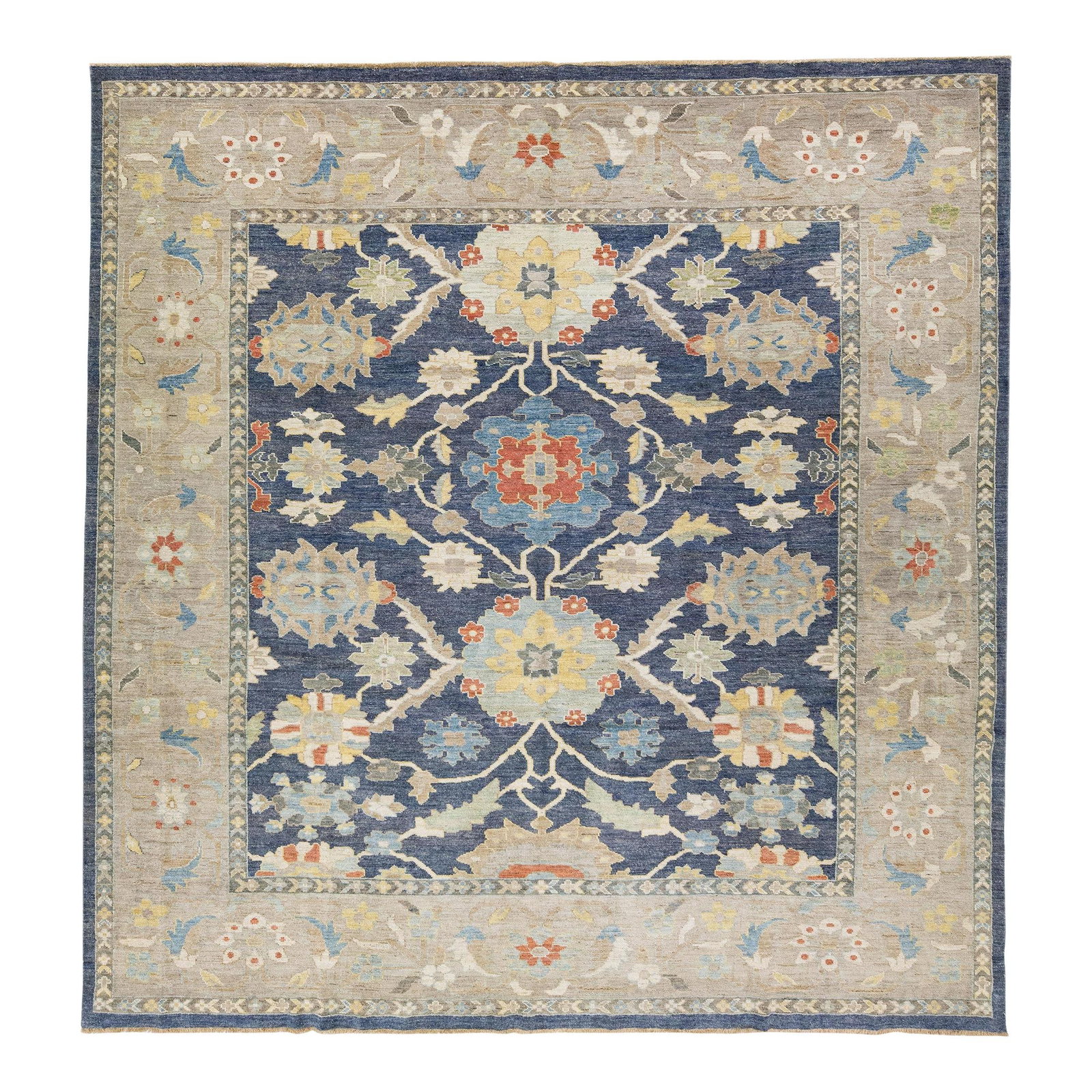 Navy Blue Handmade Floral Design Wool Rug 11'2 x 11'6 Sultanabad: Navy Blue Handmade Floral Design Wool Rug 11'2 x 11'6 Sultanabad Enhance your space with this exquisite Navy Blue Modern Sultanabad Handmade Floral Design Wool Rug. Featuring a luxurious hand-knotted