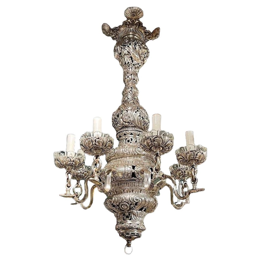Baroque Revival Shell Motif Silvered Metal Chandelier Attributed to Caldwell (1 of 8)