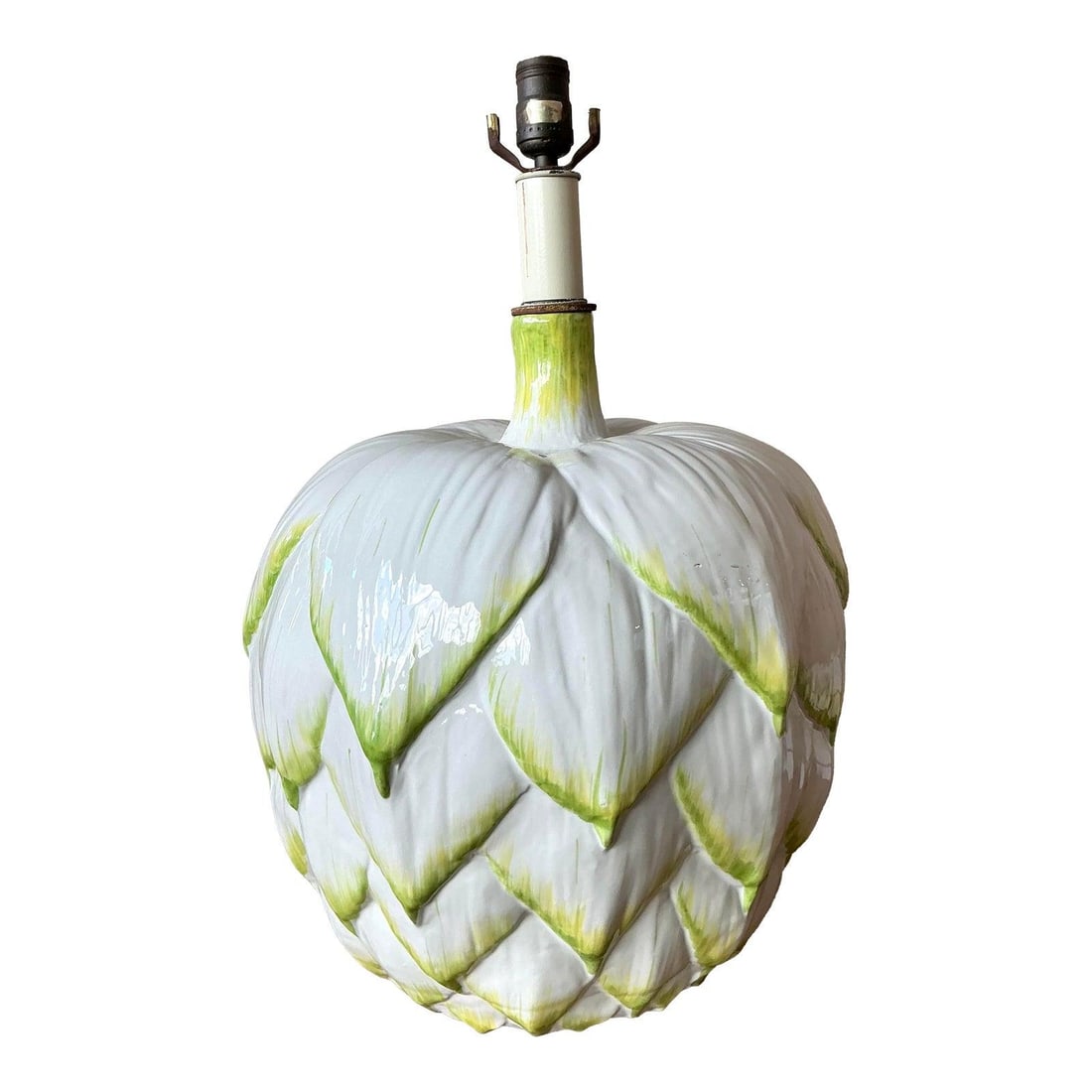 Italian White Glazed Ceramic Artichoke Table Lamp with Green Accents (1 of 7)