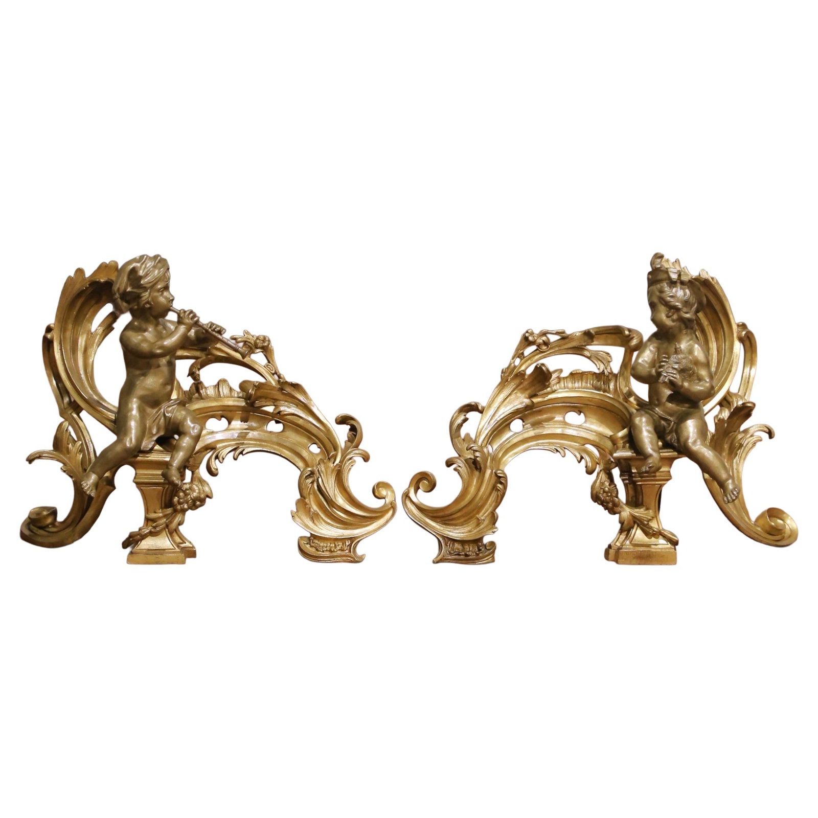 Set of Two French Louis XV Bronze Fireplace Chenets with Musical Putti Figures (1 of 11)