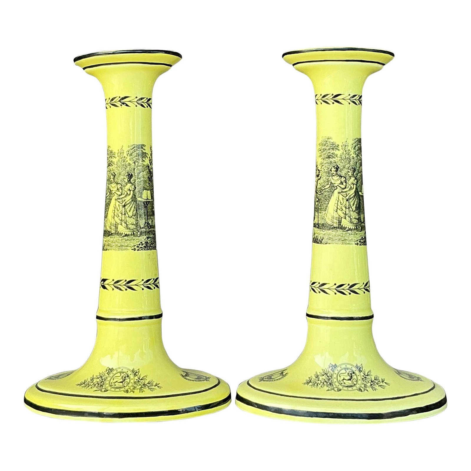 Pair of Vintage Regency Mottahedeh Creil Toile Candlesticks 8" Ceramic Yellow (1 of 7)