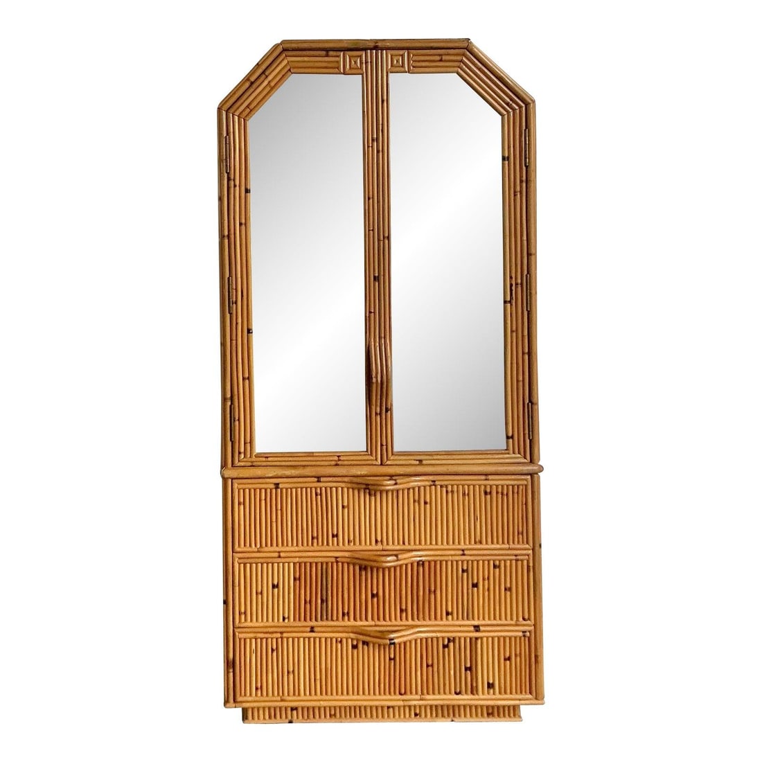 Faceted Bamboo and Mirror Armoire With Pencil Reed Detailing: Faceted Bamboo and Mirror Armoire With Pencil Reed Detailing This vintage armoire embodies Organic Modern style with hand-applied pencil reed detailing and a faceted silhouette. Framed in natural bamb